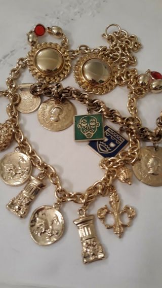 Vintage,  Gold Tone Metal,  Necklace,  Charm Bracelet,  Clip Earrings,  Enamel Dangles