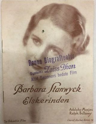 Forbidden Barbara Stanwyck Adolphe Menjou 1932 Vtg Old Danish Movie Program