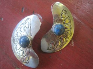 Vintage Navajo Native Sw Sterling Silver Lapis Stamped Earrings Signed Vj