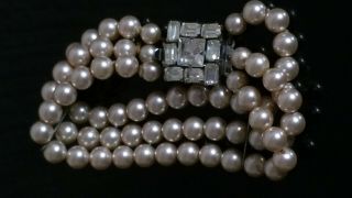 Vintage 3 Rows Glass Pearl Bracelet Rhinestone Clasp