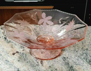 Vintage Floral Etched Pink Depression Glass Decagon Shaped Footed Bowl