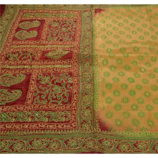 Tcw Vintage Saree 100 Pure Silk Hand Beaded Painted Green Craft Fabric Sari