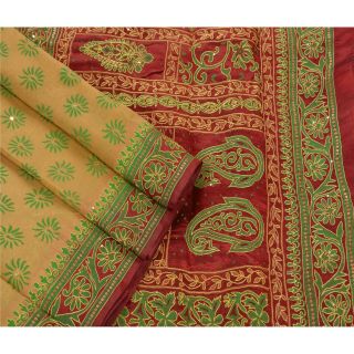Tcw Vintage Saree 100 Pure Silk Hand Beaded Painted Green Craft Fabric Sari 2