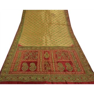 Tcw Vintage Saree 100 Pure Silk Hand Beaded Painted Green Craft Fabric Sari 4