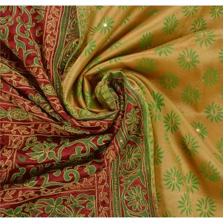 Tcw Vintage Saree 100 Pure Silk Hand Beaded Painted Green Craft Fabric Sari 5