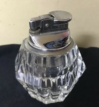 Vintage Crystal Lighter Clear Cut Glass Table Top Chrome Cigarette