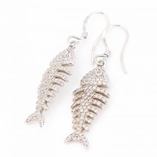 Vtg Sterling Silver Cz Cubic Zirconia Pave Fish Skeleton Dangle Earrings - 3.  5g