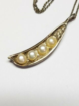Vintage Sterling Silver 4 Four Pearl Peas In A Pod Pendant Necklace