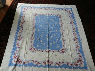 Vintage Tablecloth Floral Red White And Blue 51 " X 61 "