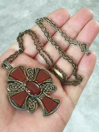 Vintage Signed Miracle Jewellery Celtic Carnelian Cabochon Cross Gold Necklace