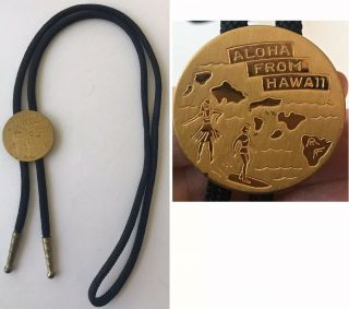 Vintage Aloha From Hawaii Novelty Bolo Tie Or Necklace Hula Girl Surfer