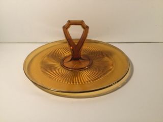 Vintage - Round Amber Glass Serving Dish With Center Handle - 11”