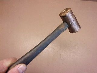 Vtg 1 Lb.  Non - Sparking Brass Hammer W/original 12 " Hickory Handle 1 1/4 " Faces