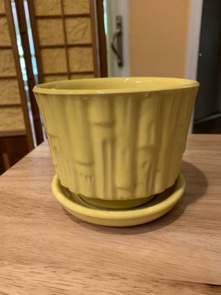 Vintage Mccoy Pottery 0373 Yellow Bamboo Planter With Attached Underplate Saucer