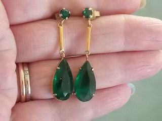 Vintage Bright Gold Plated & Emerald Green Stone Dangly Earrings