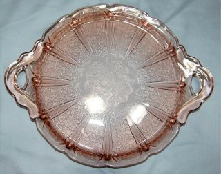 Vtg Pink Depression Glass Cherry Blossom Handled Platter Cake Plate Jeannette