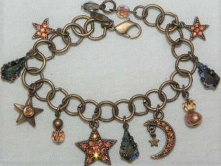 Vintage Kirks Folly Celestial Moon & Star Charm Bracelet Blue Aurora Rhinestone