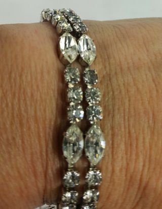 Vintage Marquis Round Rhinestone Bracelet Safety Chain Silver Tone Bling Small