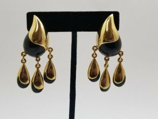 Vintage Designer Signed Large Gold Tone Black Enamel Dangle Clip On Earrings