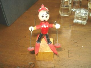 Vintage Wooden Jointed Skier Push Button Spring Finger Puppet Toy