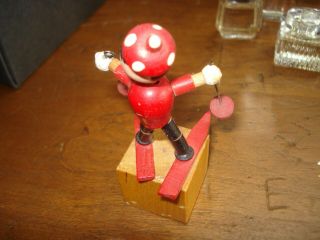 Vintage Wooden Jointed Skier Push Button Spring Finger Puppet Toy 2