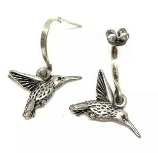 Vintage Sterling Silver W/ Enamel " Hummingbird " Dangle Earrings Signed " S 925 "