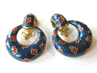 Large Vintage Clip On Earrings Blue Red Enamel Stamped Number Statement Jeweller