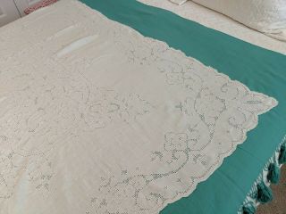 Large,  Vintage Cut Work Tablecloth With Scalloped Edge And Center Design