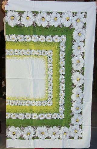 Vintage Cotton Tablecloth Large White Flowers Yellow Green Accents 62 " X 52 "