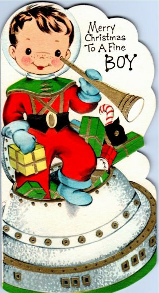 Boy Kid Spacesuit Spaceship Outer Space Vtg Christmas Greeting Card