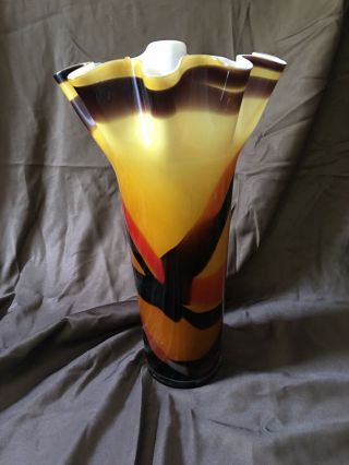 Vintage Art Glass Vase Orange Red Black Yellow Brown Stripe Ruffled Top 13” X 6”