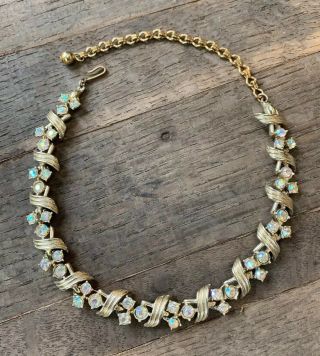 Vintage Gold - Tone Metal Aurora Borealis Rhinestone Necklace