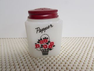 Vtg Mckee Tipp City Pepper Shaker Spice Jar Flower Basket Milk Glass Red Lid