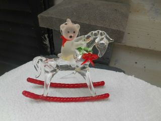 Vintage Hand Blown Glass Rocking Horse Figurine W/frosted Bear Xmas Ornament