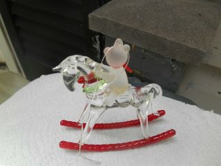 Vintage Hand Blown Glass Rocking Horse Figurine w/Frosted Bear Xmas Ornament 2