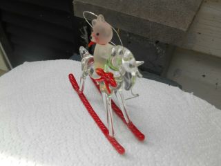 Vintage Hand Blown Glass Rocking Horse Figurine w/Frosted Bear Xmas Ornament 3
