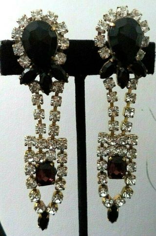 Vintage Signed Bijoux Mg Purple Black Rhinestone 3 5/8 " Post Earrings G783m