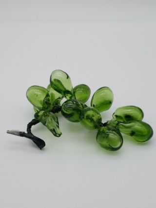 Vintage Mid Century Retro Cluster Of Glass Green Grapes With Leaves Blown Glass