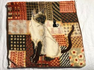 Vintage Wool? Needlepoint Pillow Cover White Siamese Cat W/browns/oranges Large