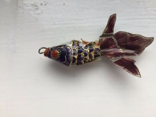 Enamel Cloissone Fish Pendant Articulated Mesh Purple Gold Work Vintage Asian