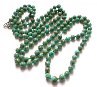 Vintage Art Deco Green Turquoise Blue Mottled Art Glass Beads Long Necklace