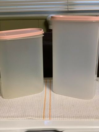 2 Vintage Tupperware Oval Modular Mates With Pink Lids 9 3/4 & 12 1/4 Cups