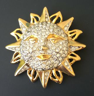 Vintage Golden Sun Face Brooch Pin In Gold Tone Metal With Crystals
