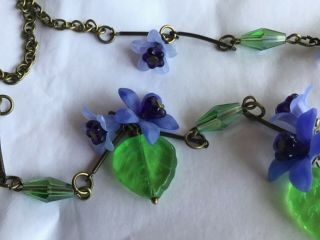 Vintage Style Bohemian Art Deco Lucite Bluebell Flower Floral Bead Necklace