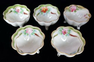 5 Vintage Nippon Hand - Painted Floral W/ Gold Trim Footed Porcelain Salt Cellars