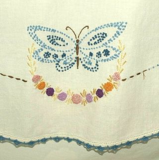 White Linen Round Table Cloth Hand Embroidered Blue Butterflies Floral 32 " Vtg