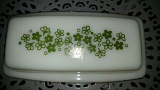 Vintage Pyrex Crazy Daisy Spring Blossom Green Milk Glass Covered Butter Dish