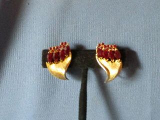 Vintage Gold - Tone Metal Red Rhinestone Clip Earrings