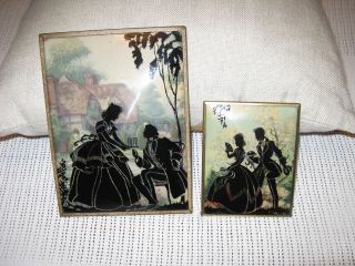 2 Vtg Reverse Painting Silhouettes Convex Glass Over Prints Victorian Couples