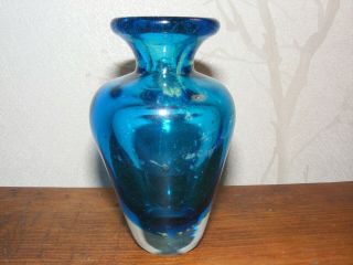 Vintage Mdina Heavy Based Glass Vase Blue With Yellow,  Bubble Decoration 11 Cms